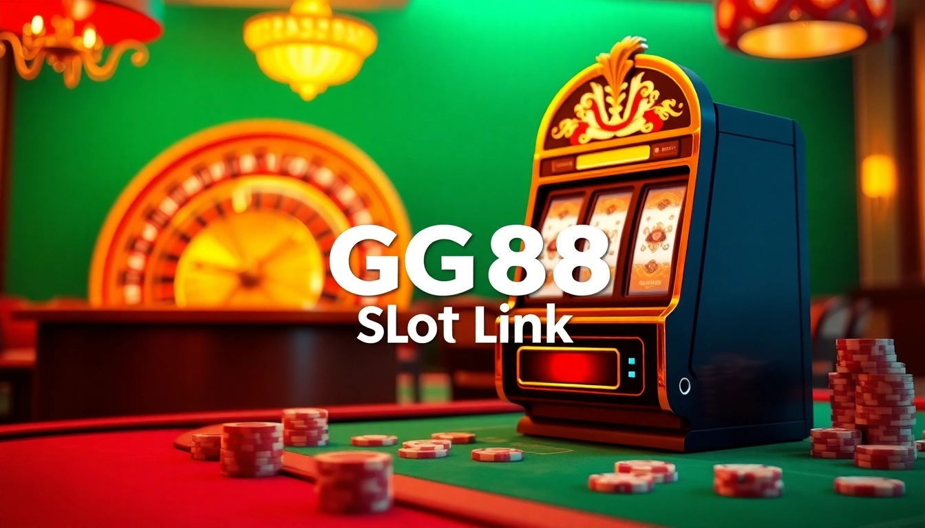 Exciting scene featuring GG88 slot Link machine amidst vibrant casino ambiance with roulette wheel and poker chips.
