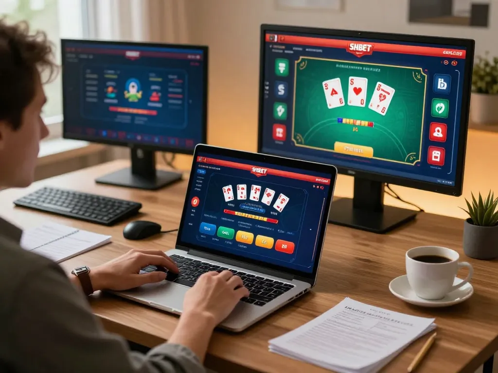 Engaging online gaming scene on SHBET .COM with laptop displaying dynamic poker gameplay.