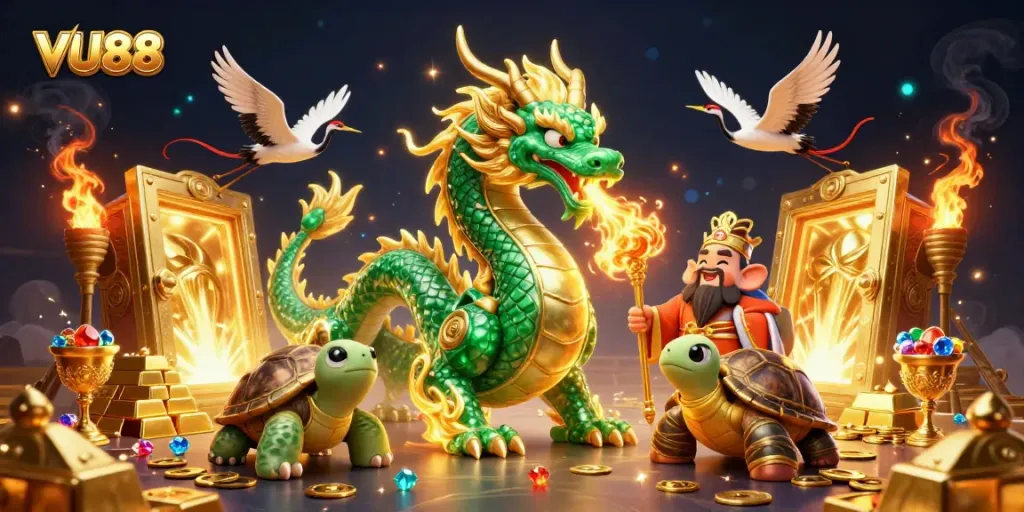 Experience the thrill of VU88 casino games with a vibrant dragon and treasures.