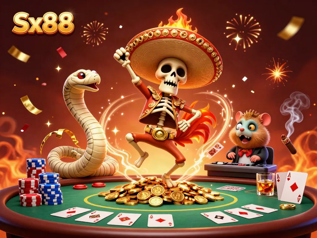 Sx88 winning scene with a mariach rooster dancing on gold coins amidst a vibrant casino atmosphere.
