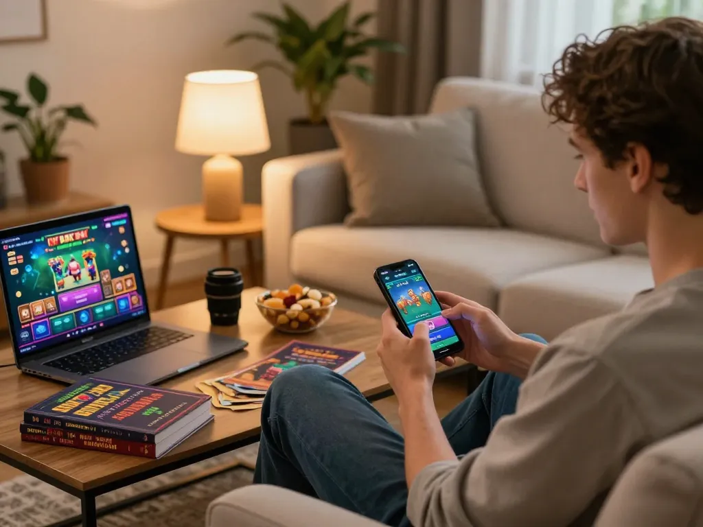 Player engaging with Ngonclub gaming app on smartphone in cozy home setting, showcasing strategic betting