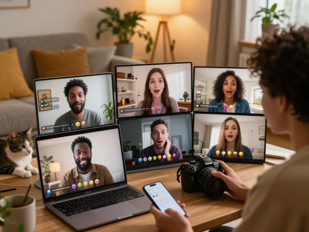 Intimate virtual sexchat scene featuring diverse individuals enjoying playful conversations in cozy home environments.