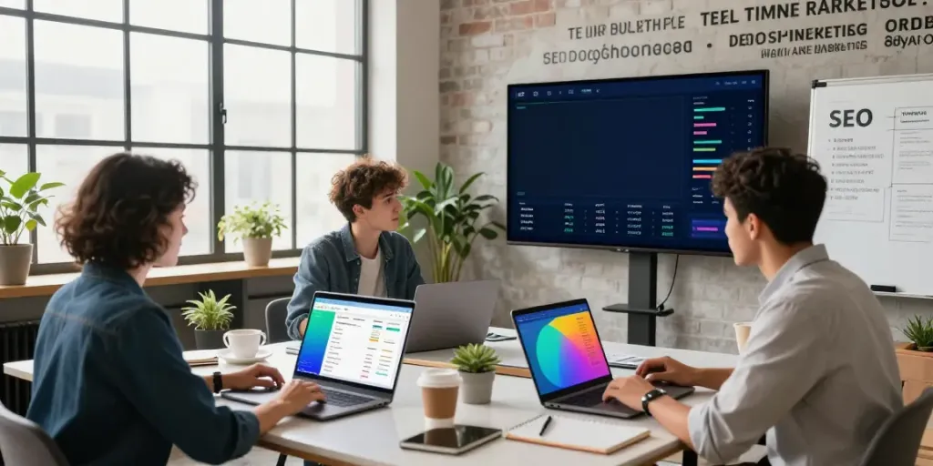 SEO professionals in a modern workspace discussing instant indexing strategies with analytics tools.
