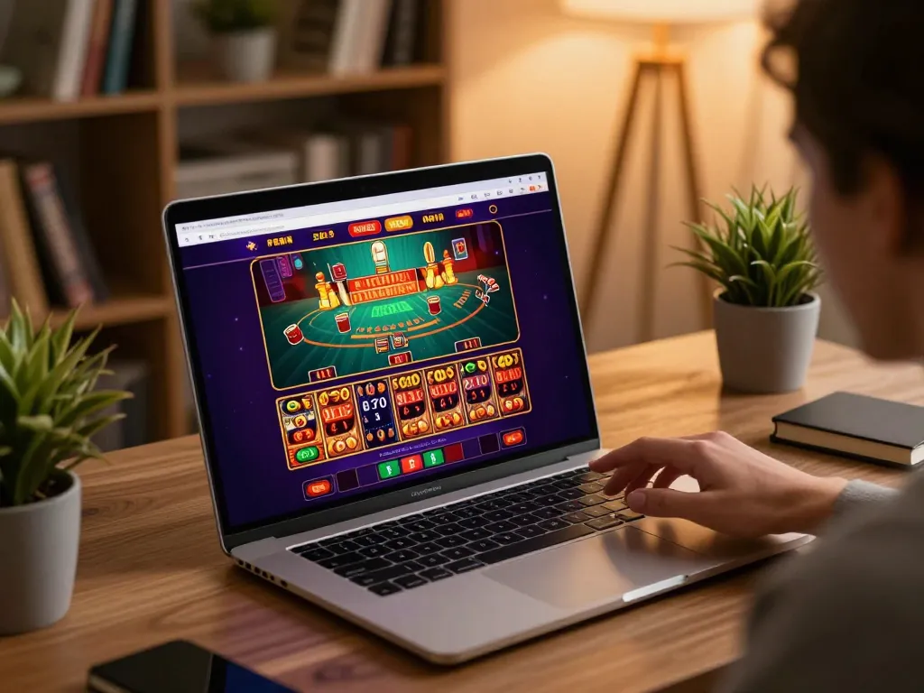 Player exploring CM88 online casino interface on laptop in a cozy home setting