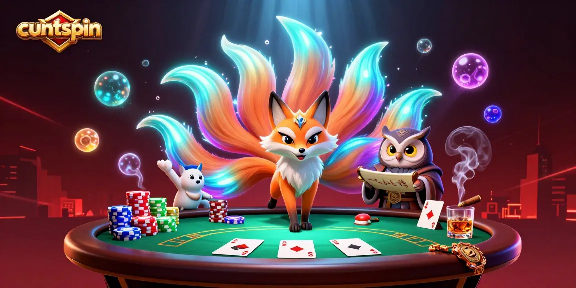 Cuntspin showcases an immersive casino scene with a nine-tailed fox, owl sage, and poker elements.
