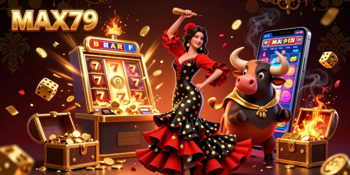 Experience the thrilling gameplay at MAX79, featuring a stunning casino scene with a 3D woman in flamenco attire dancing alongside a cartoon bull.