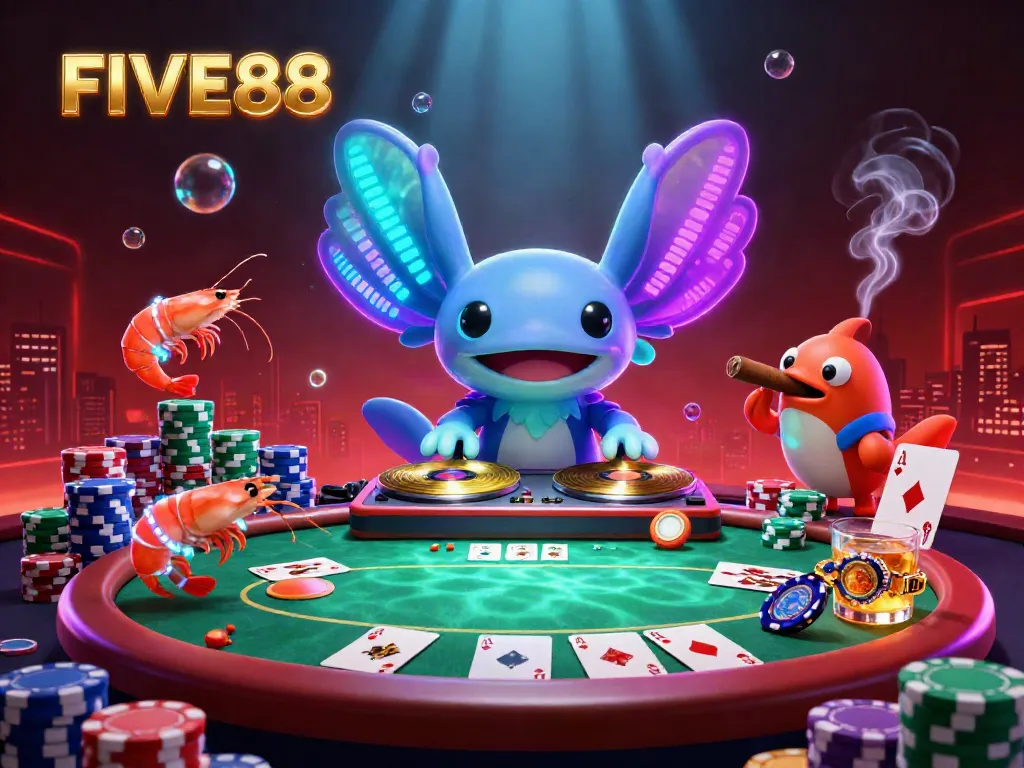 Engage in thrilling poker action at FIVE88 with a vibrant, colorful underwater party scene featuring animated characters.