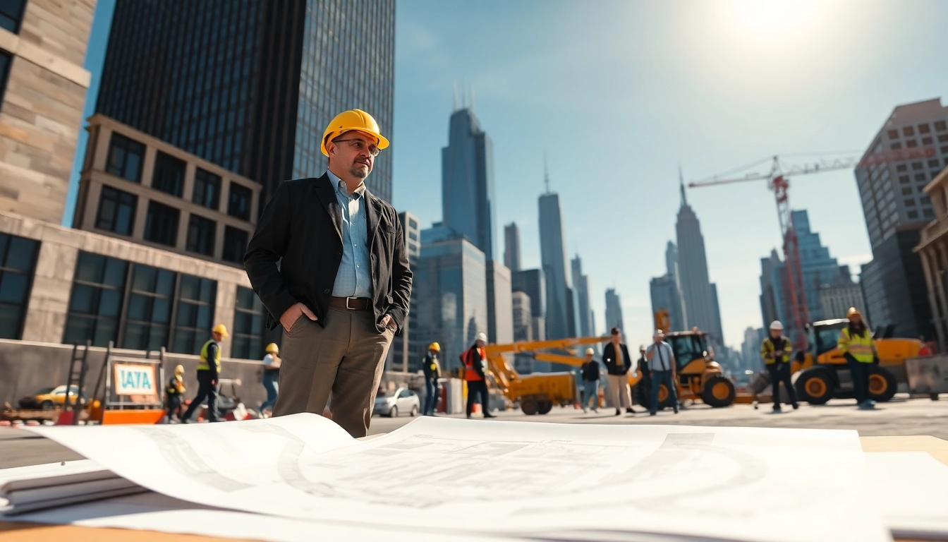Engaging scene of a New York City Commercial General Contractor overseeing a lively construction site.