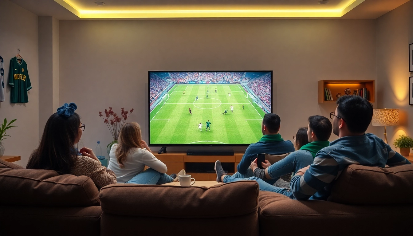 Friends enjoying a live football match on Luongsontv in a modern living room.