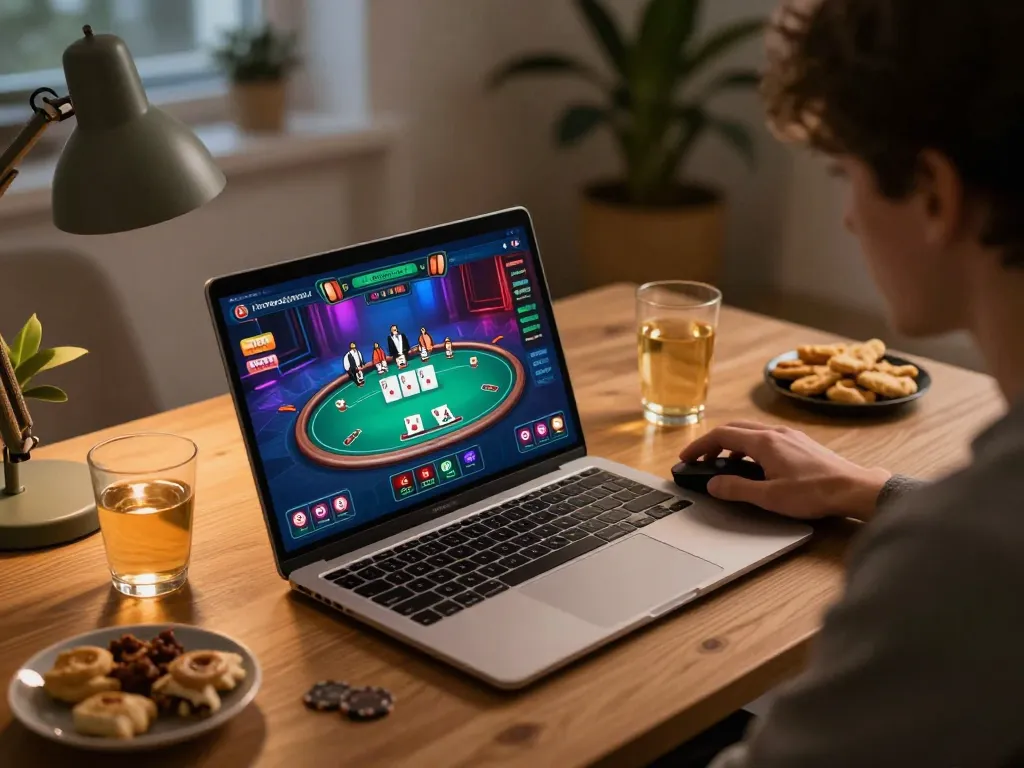 Engaging player immersed in online gaming at https://mm88.green/ during an exciting poker game.