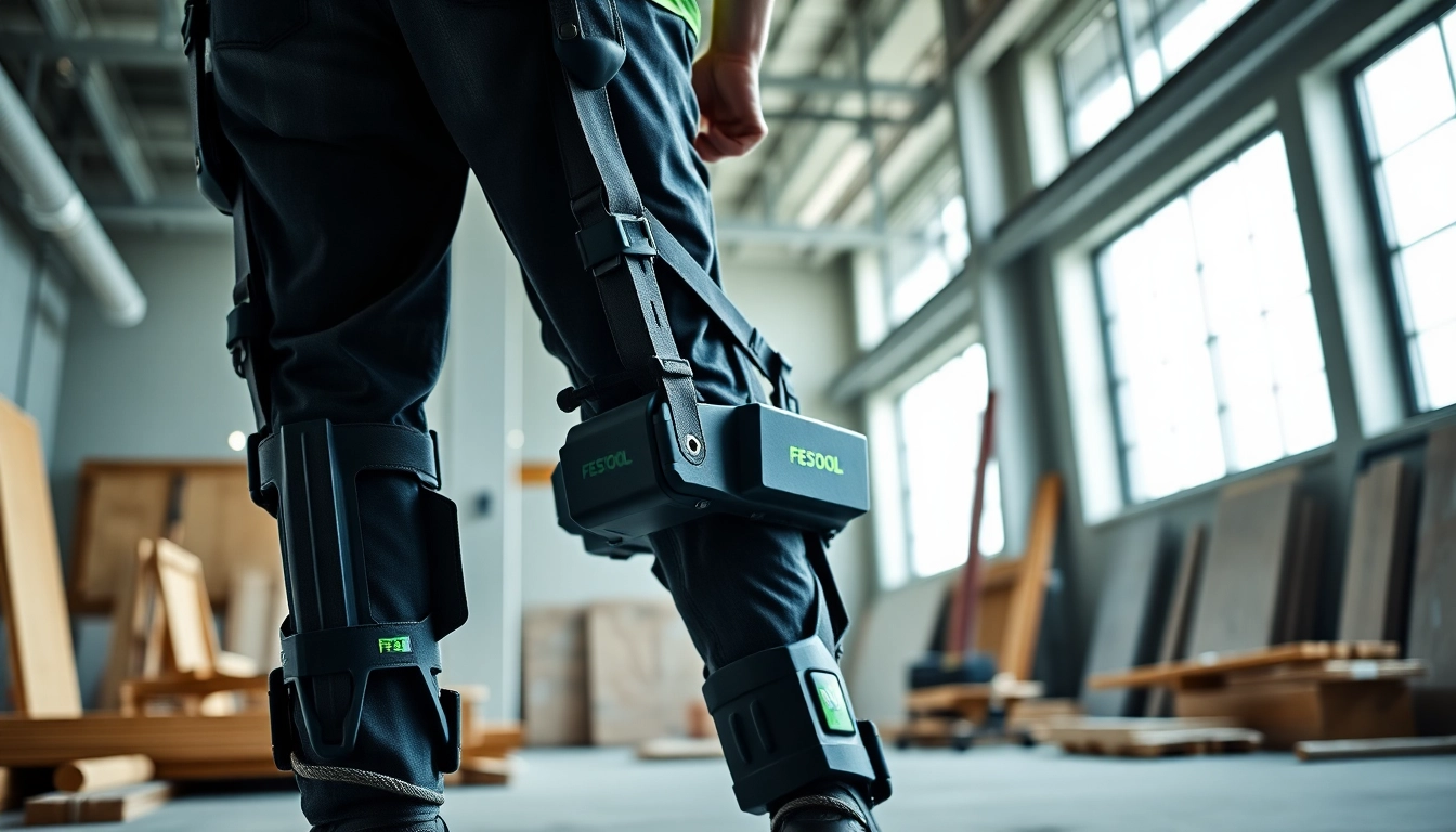 Worker demonstrating the Festool exoskeleton's ergonomic lifting capabilities on a construction site.