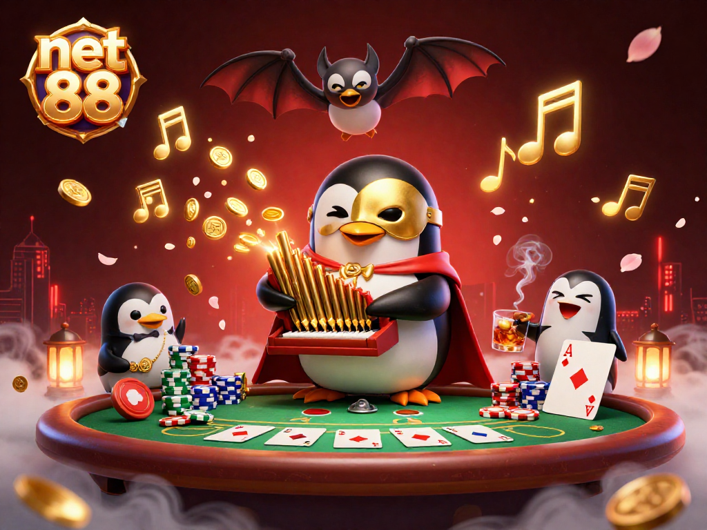 Experience the magic of net 88 with a lively casino scene featuring a penguin performer