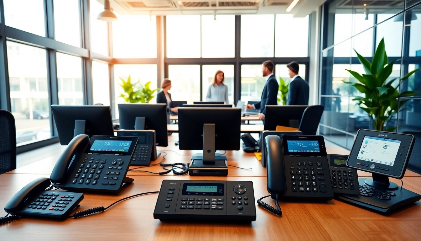 Showcasing business phone systems in a modern office environment with collaborative team dynamics.