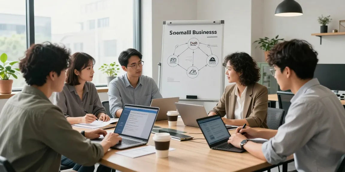 Team discussing a VoIP phone system for small business solutions in a modern office.