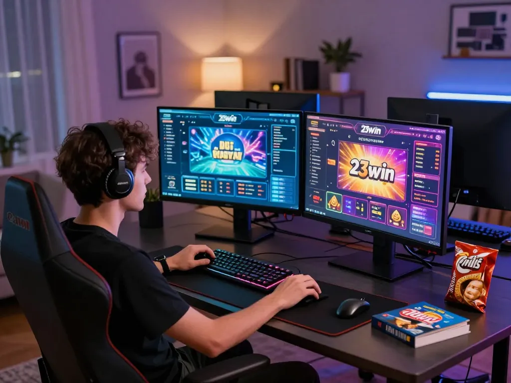 Engaged player navigating the 23win online casino with dynamic gameplay on multiple screens.