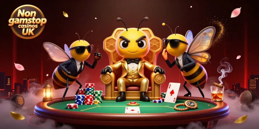 Engage with non gamstop casinos UK through a vibrant scene featuring an animated bee mob boss and poker elements.