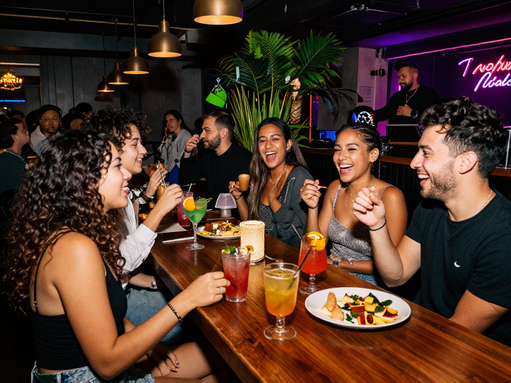 An engaging nsfw nightlife scene with friends enjoying vibrant cocktails in a trendy bar.