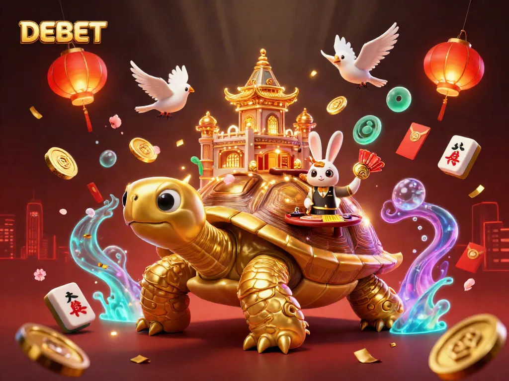 Experience the thrill of DEBET with exhilarating casino action featuring a golden tortoise casino and lucky symbols.
