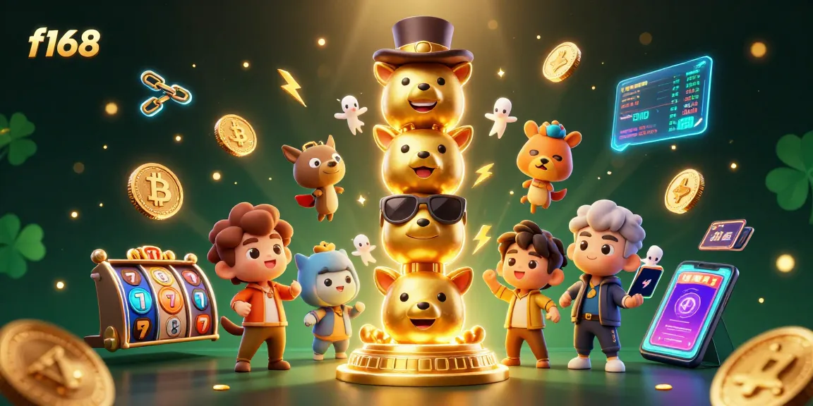 Join the excitement at f168 with vibrant, dynamic casino gameplay showcasing colorful slot reels and cryptocurrency elements.