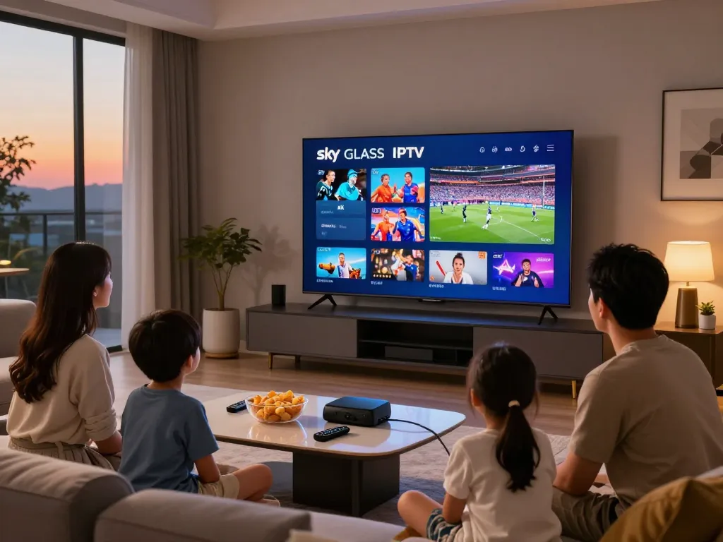 Family enjoying Sky Glass IPTV in a cozy living room with 4K content displayed.