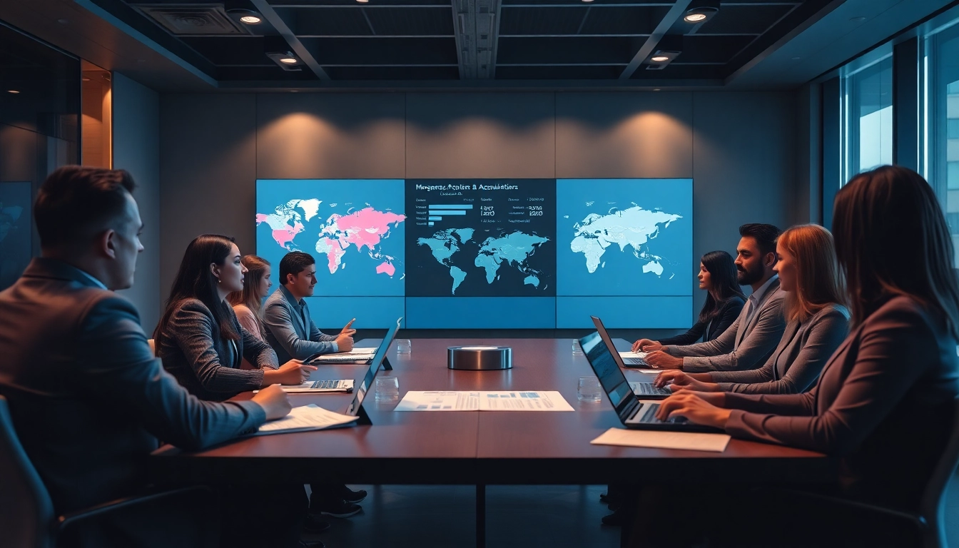 Mergers and acquisitions in the US illustrated through a diverse business meeting in a modern conference room.