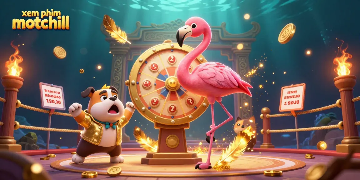 xem phim motchill captivatingly showcasing an animated scene with a game show host, bulldog contestant, and prize wheel amidst stunning gambling visuals.