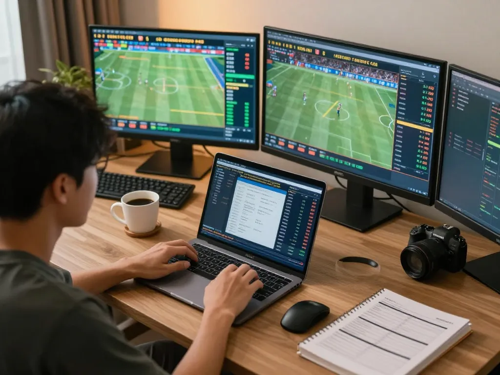 Soi keo nha cai analysis with a focused individual scrutinizing live sports data online.