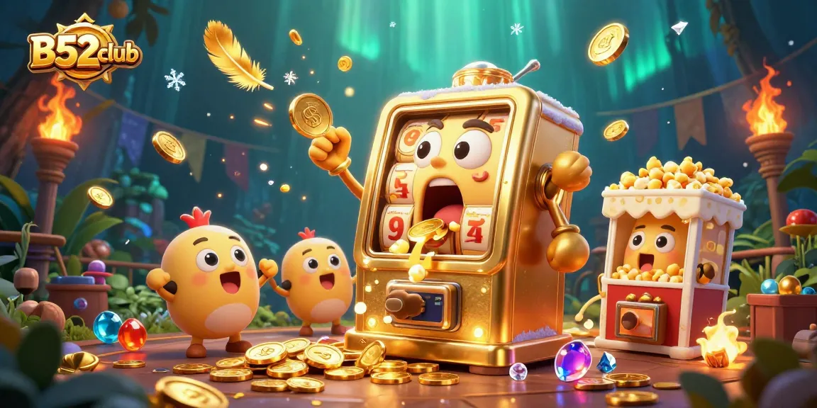 B52club’s golden slot machine wins a jackpot, surrounded by cheering baby machines and dynamic casino atmosphere.