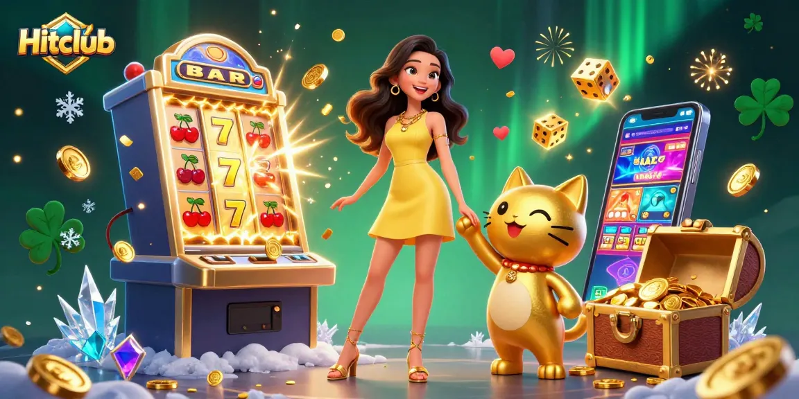 Hitclub brings excitement with colorful slots and a cheerful character amidst a dazzling casino environment.