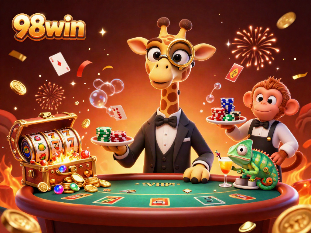 Experience thrilling wins at 98win with 3D giraffe and monkey casino scene filled with vibrant games.