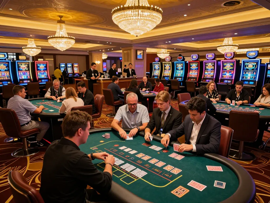 Players engage in intense gameplay at ALO8 casino tables, showcasing strategic poker moves in a vibrant atmosphere.