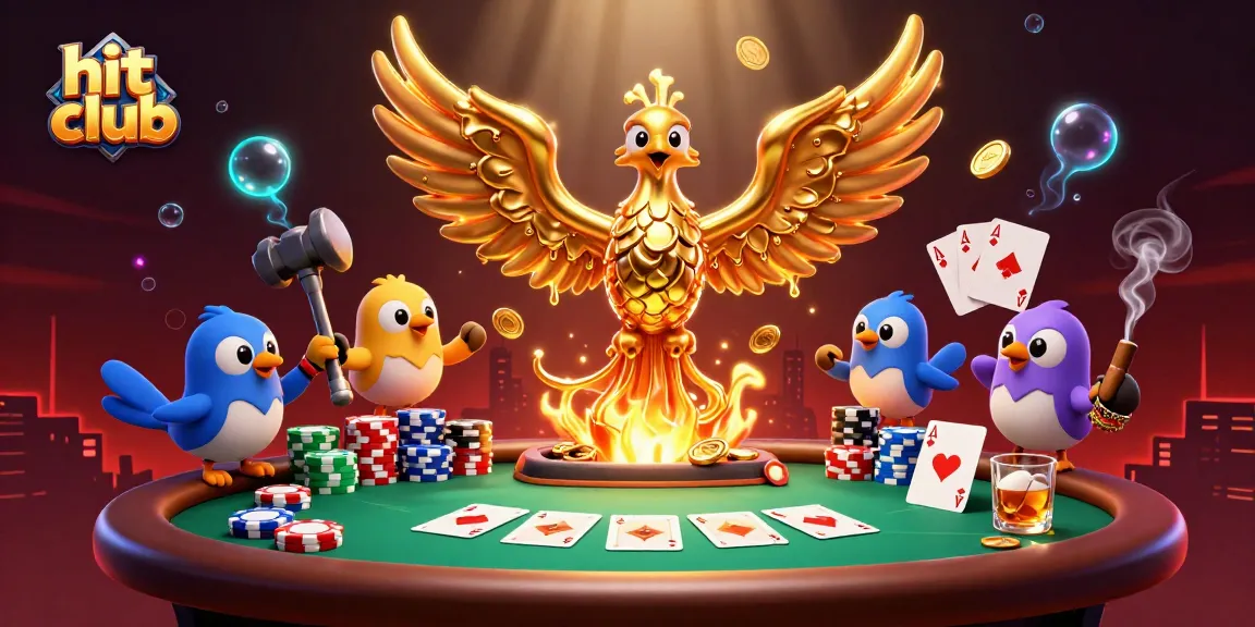 Engage with hit club strategies while enjoying a vibrant casino scene featuring a golden phoenix and poker dynamics.