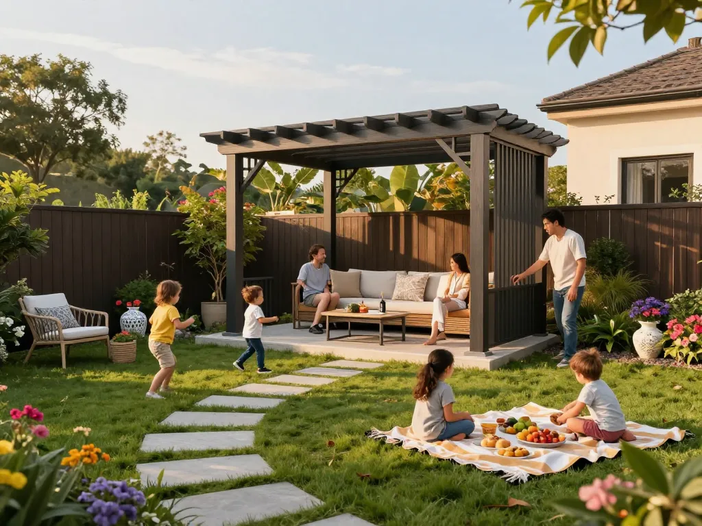 3D pergola providing shade for a family picnic in a vibrant backyard setting.