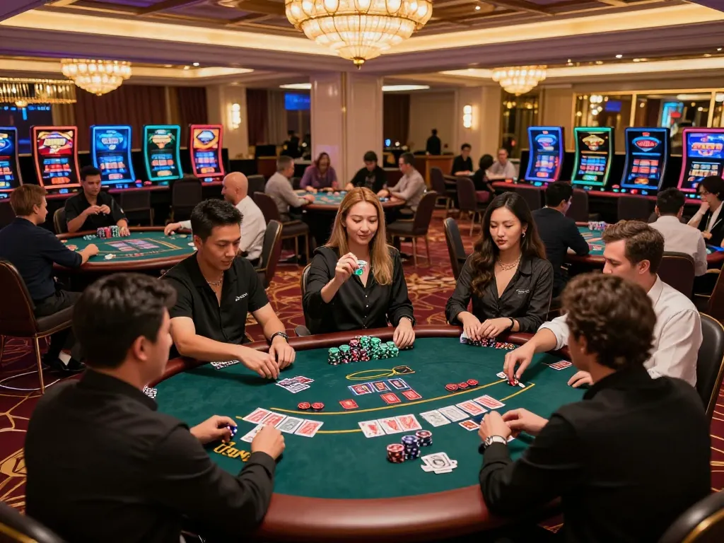 Exciting gaming atmosphere at a casino with players enjoying poker at 98win9.