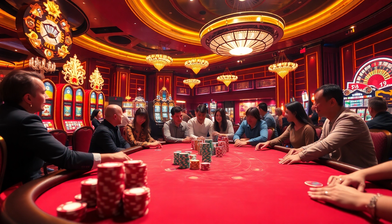 Engaged players at a poker table in a vibrant casino, featuring https://tg88-vn.jpn.com/ betting excitement.