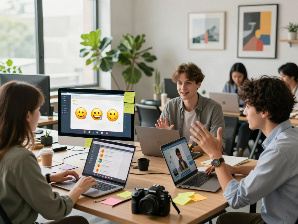 Vibrant team collaborating on spicychat platform in modern workspace.