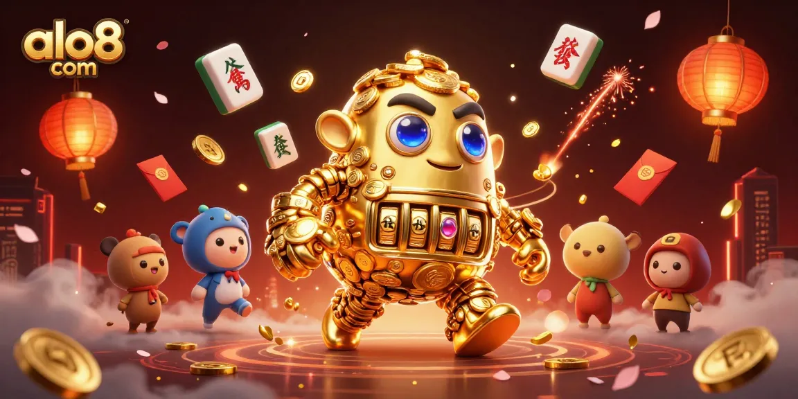 Play and win big with exciting games at alo8 com, featuring a dynamic golden golem surrounded by festive elements.