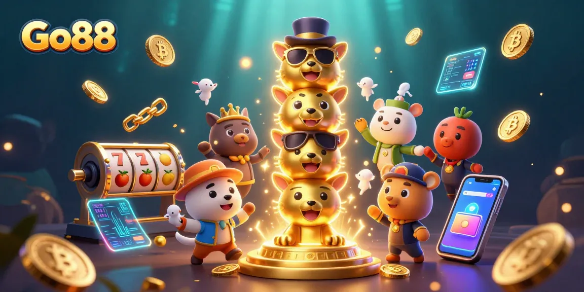 Experience thrilling gameplay at Go88 with our vibrant casino-themed digital illustration showcasing slot reels and golden totems.