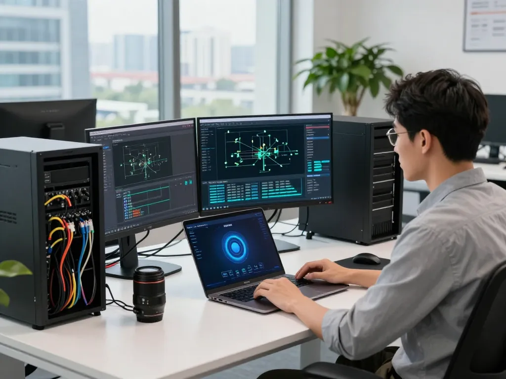 快连's innovative network solutions showcased in a high-tech workspace with multiple screens and networking tools.