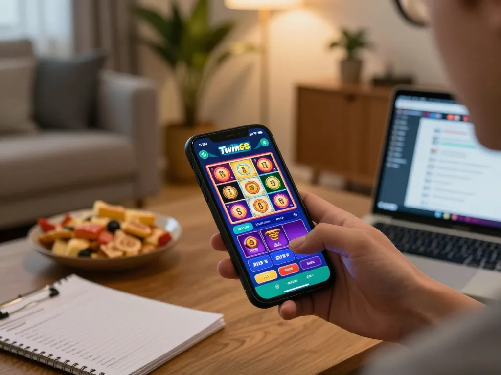 Player enjoying the Twin68 app on smartphone, experiencing exciting online games in a cozy setting