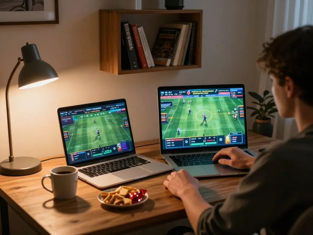 Person engaged in sports betting at keonhacai using laptop at cozy home setup