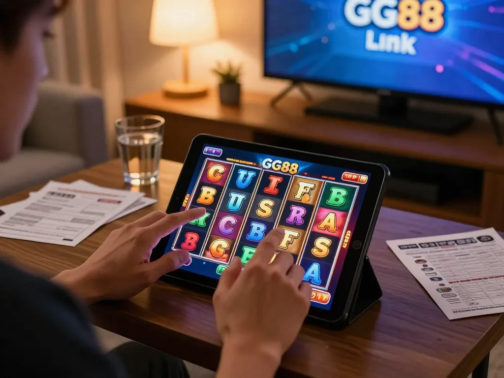 Engaging with GG88 slot Link on tablet in a cozy home gaming setup, highlighting vibrant slot gameplay.