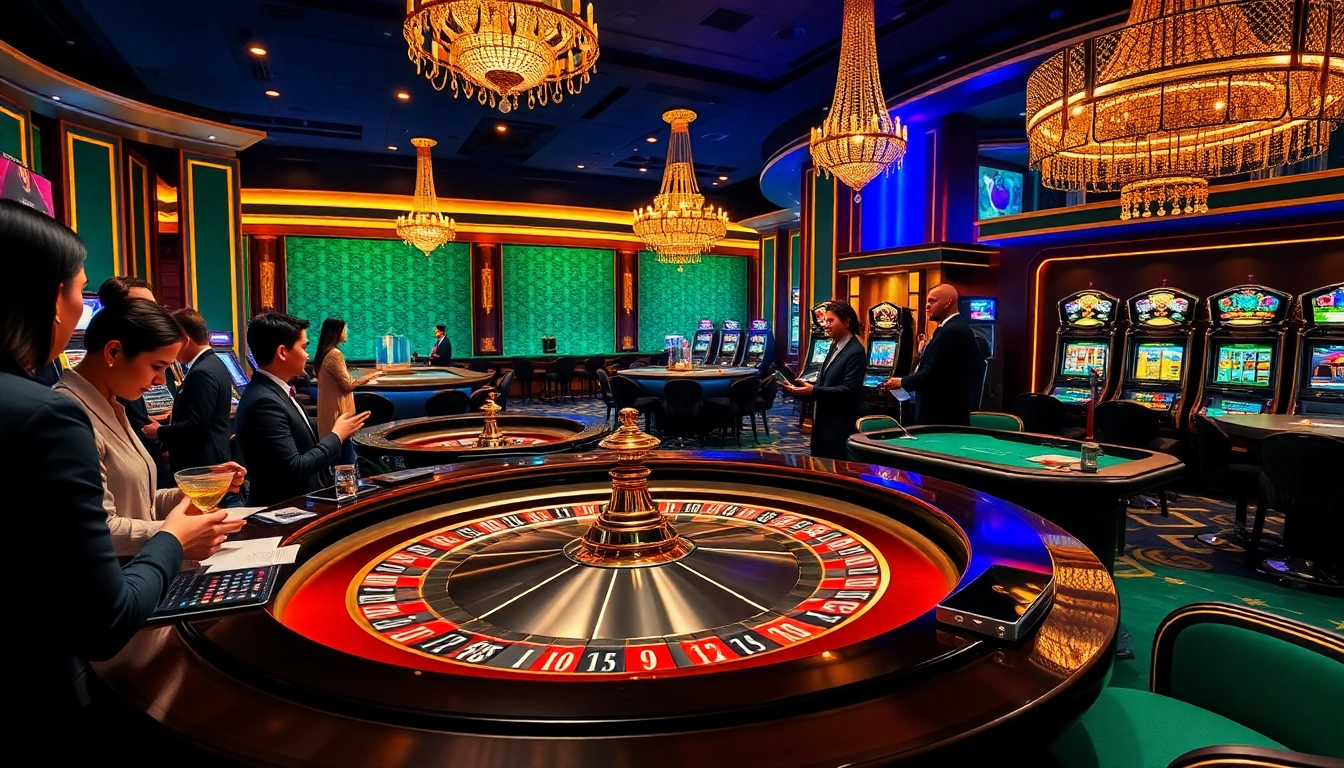 Nohu-themed casino scene featuring roulette table, elegant decor, and vibrant players engaging in gaming.
