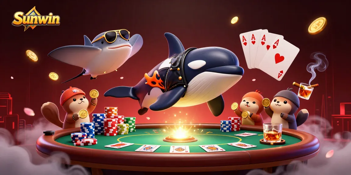 Sunwin showcases vibrant gambling action with sea creatures handling poker chips and coins.