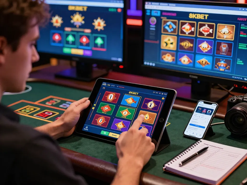 Player enjoying 8KBET online gambling experience with tablet and mobile app showcasing vibrant casino games.