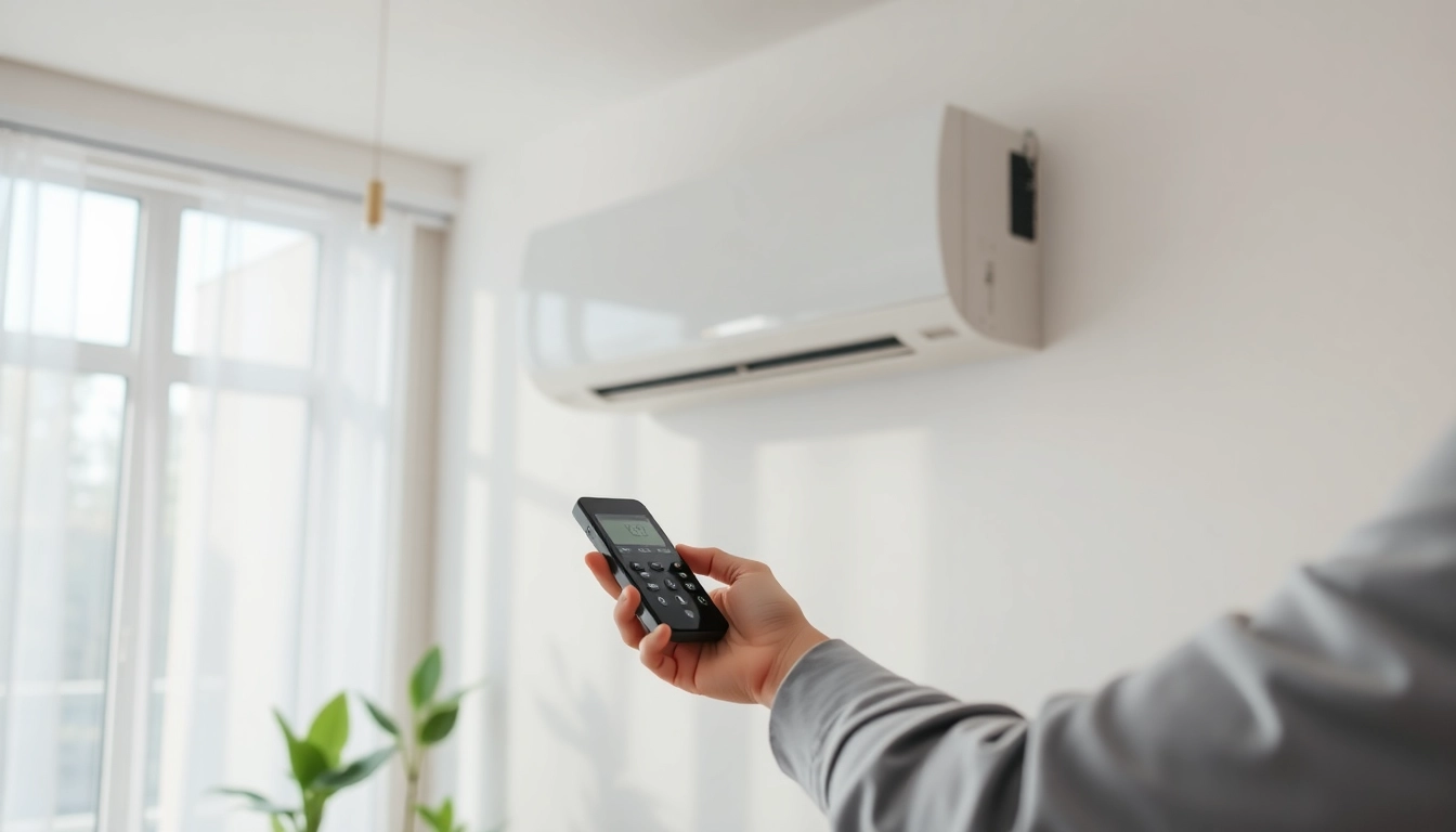 Adjusting the settings on a mini split ac in a stylish living room setting.