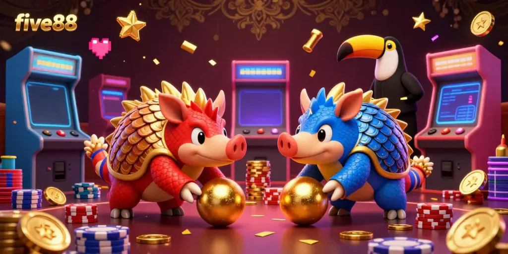 Experience the excitement of five88 with pangolins rolling poker chips and glowing arcade machines.