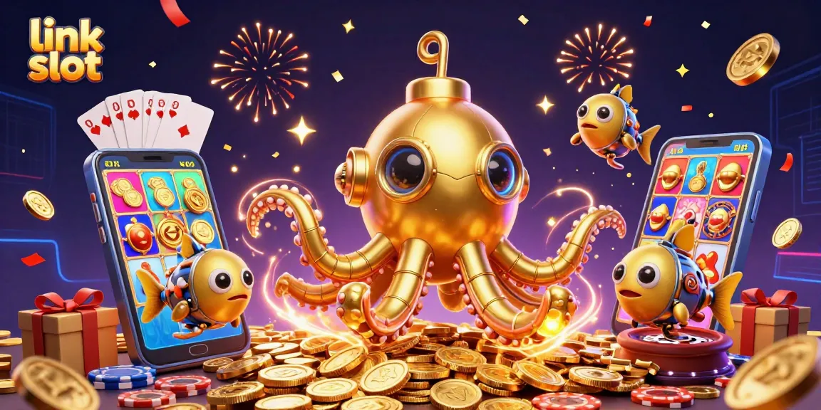 Engage in the excitement with link slot amidst golden coins, colorful slot games, and festive celebrations.