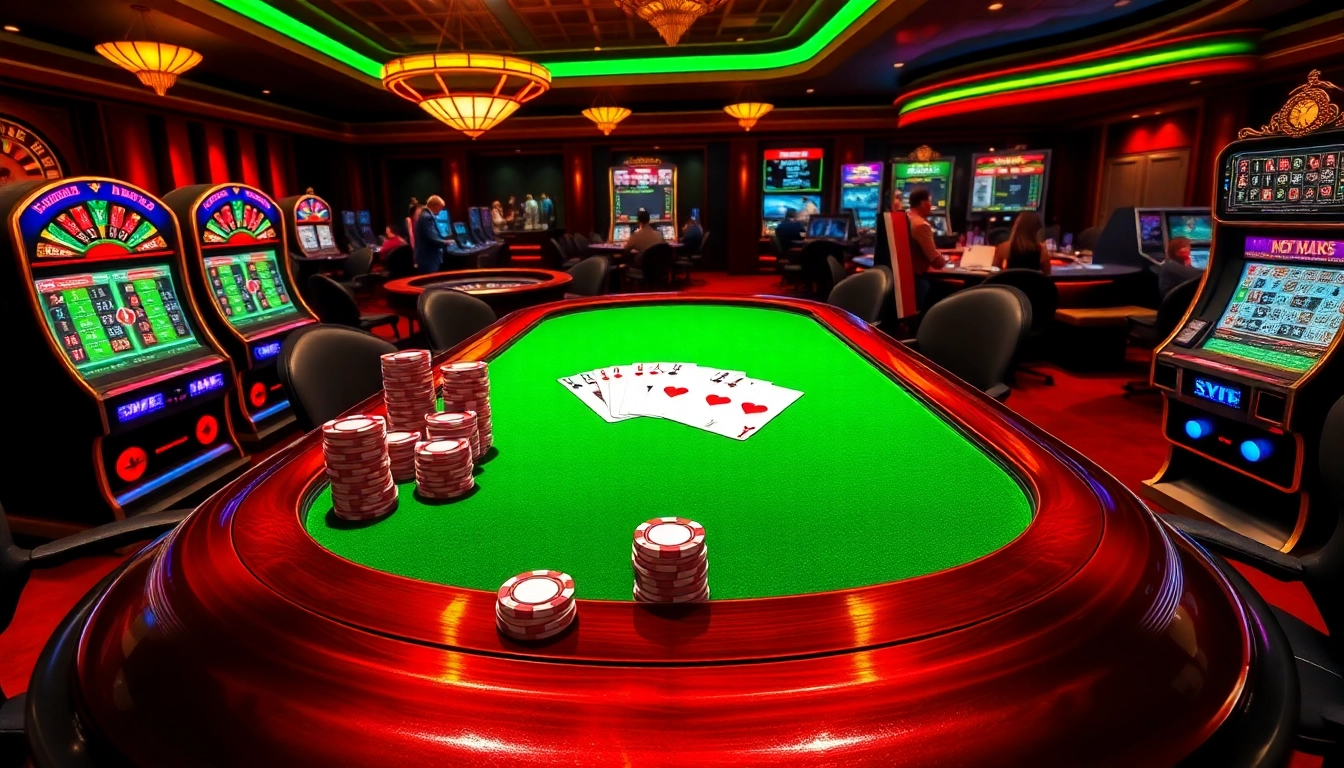 Players enjoy a thrilling gaming experience at okfun.jpn.com with vibrant poker tables and slot machines.