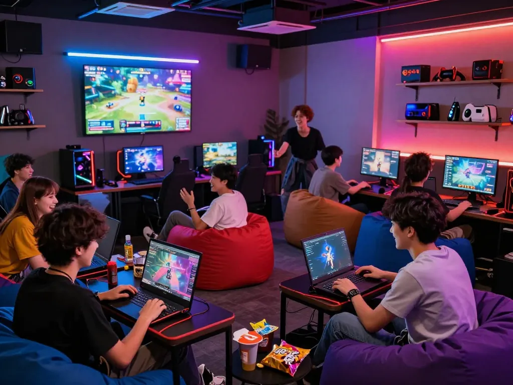 Engaging scene of players enjoying a porn game in a vibrant gaming lounge.